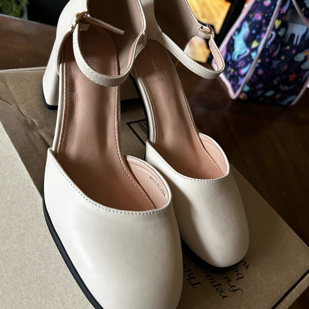 Women's Cream Ankle-Strap Block Heel Pumps